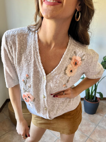 1970's vintage oatmeal knit cardigan top with peach floral embroidery with glass bead details