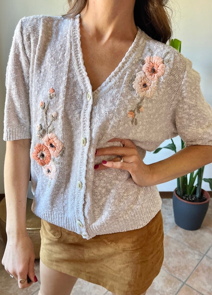 1970's vintage oatmeal knit cardigan top with peach floral embroidery with glass bead details