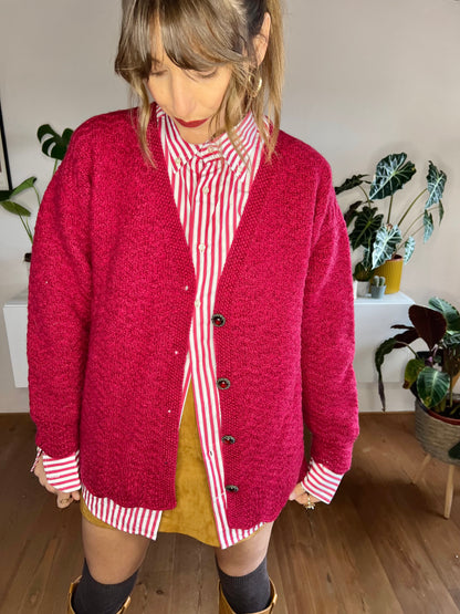 1970's vintage oversize burgundy hand knit wool cardigan