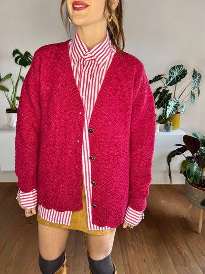 1970's vintage oversize burgundy hand knit wool cardigan