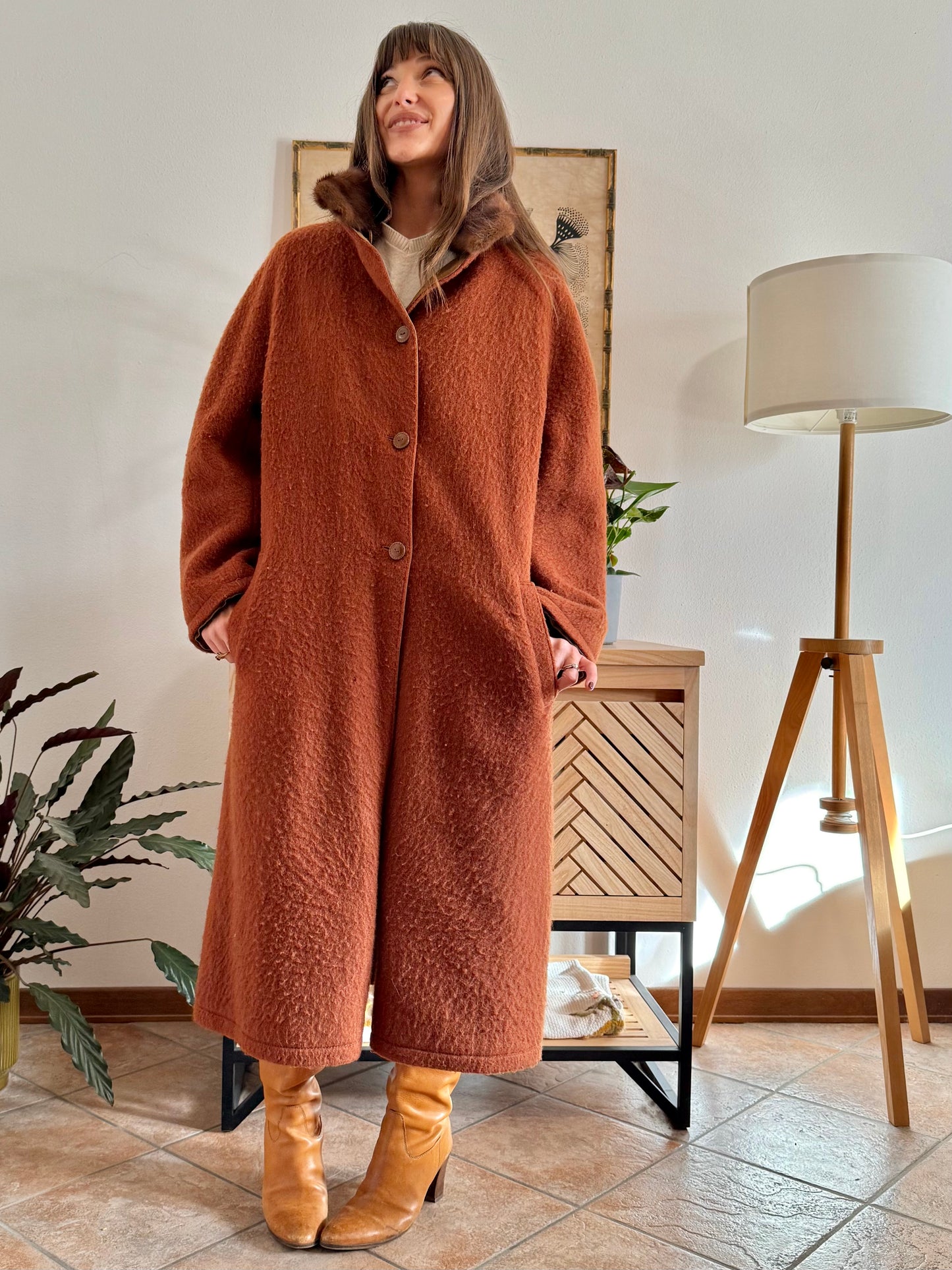 1970's vintage beige and dark orange reversable wool overcoat