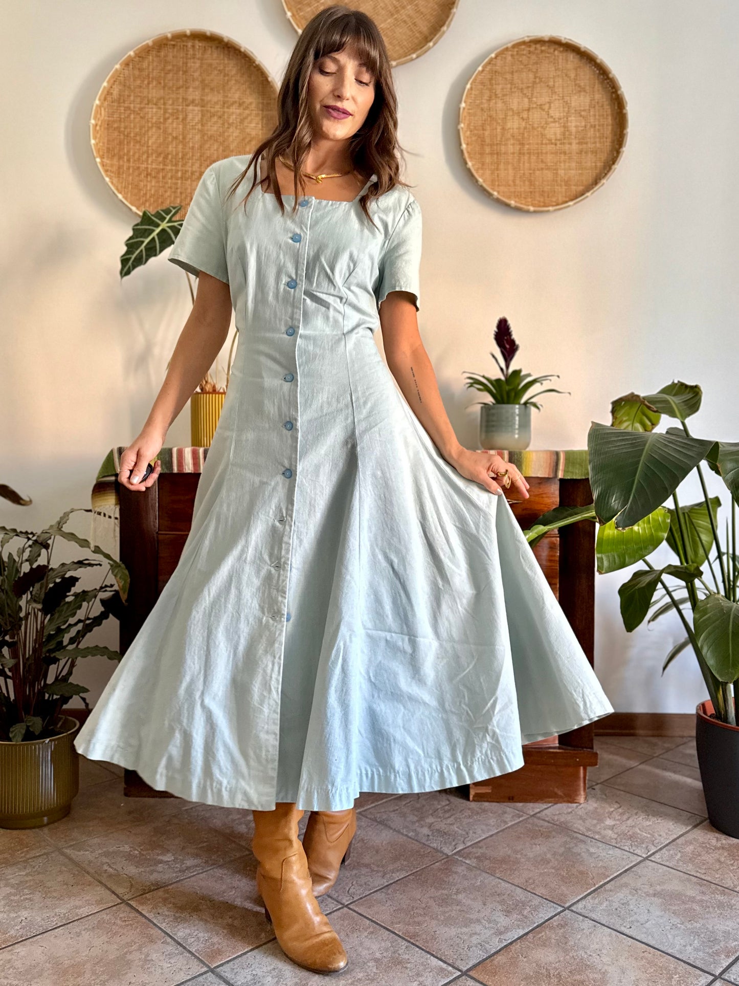 1970's vintage light blue structured button down maxi dress