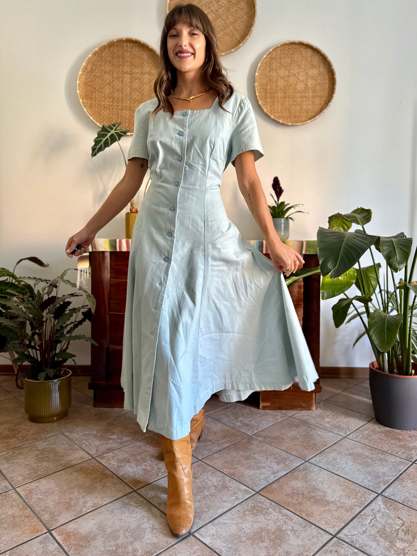 1970's vintage light blue structured button down maxi dress