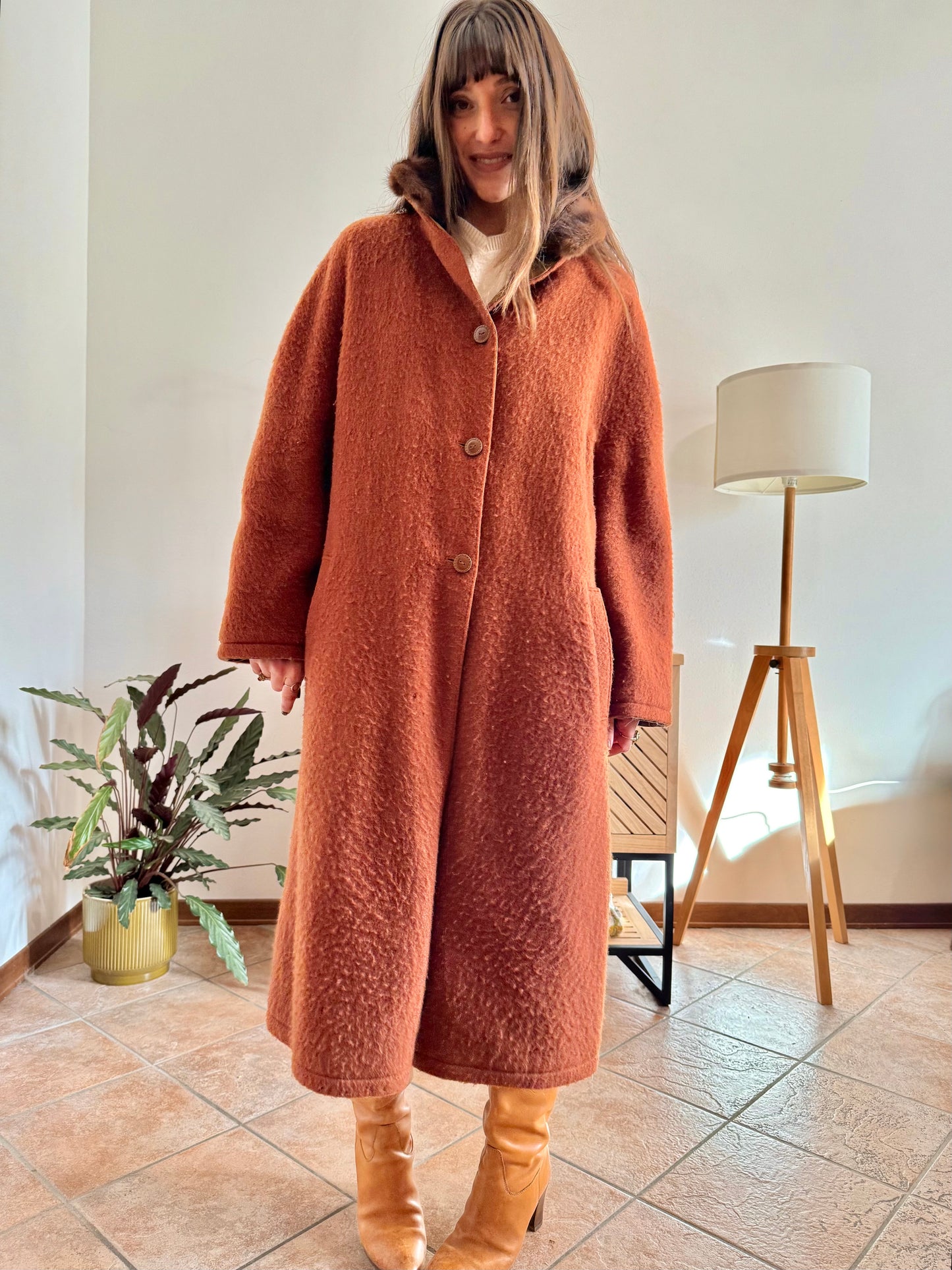 1970's vintage beige and dark orange reversable wool overcoat