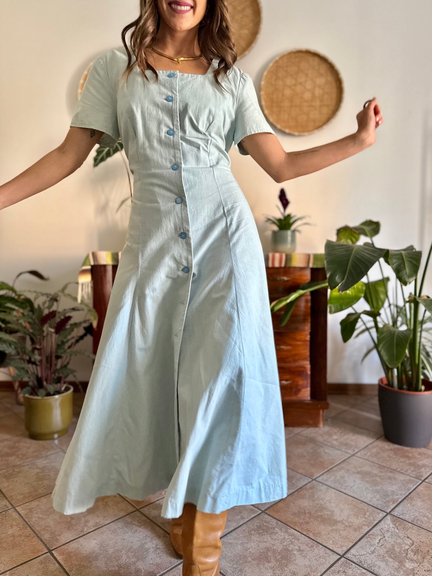 1970's vintage light blue structured button down maxi dress