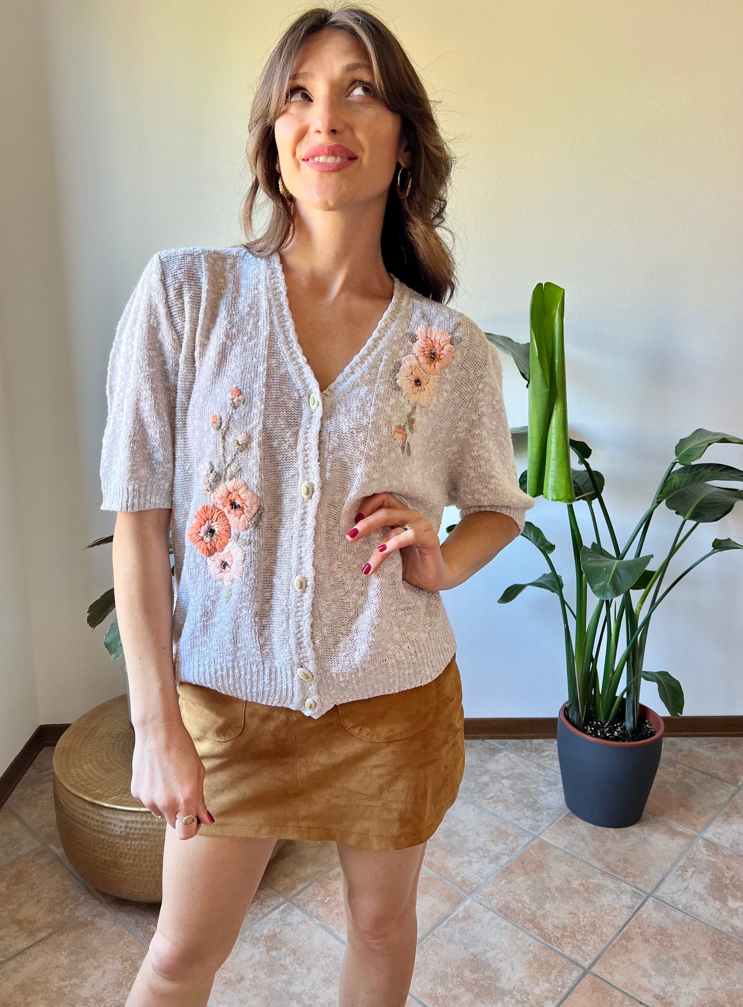 1970's vintage oatmeal knit cardigan top with peach floral embroidery with glass bead details