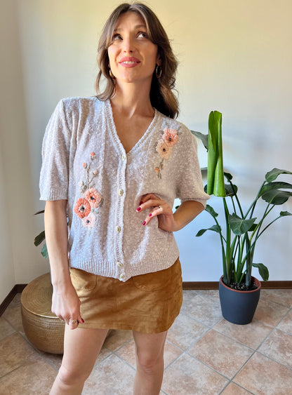 1970's vintage oatmeal knit cardigan top with peach floral embroidery with glass bead details