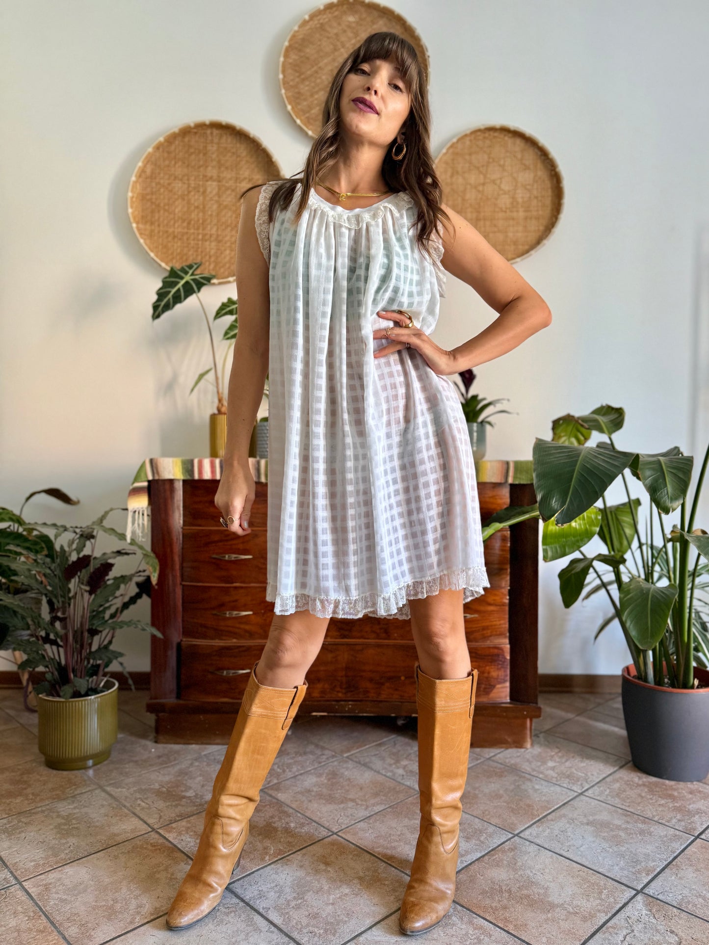 1970's vintage semi sheer cream plaid mini slip dress with lace ruffle and trim