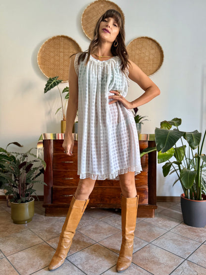1970's vintage semi sheer cream plaid mini slip dress with lace ruffle and trim