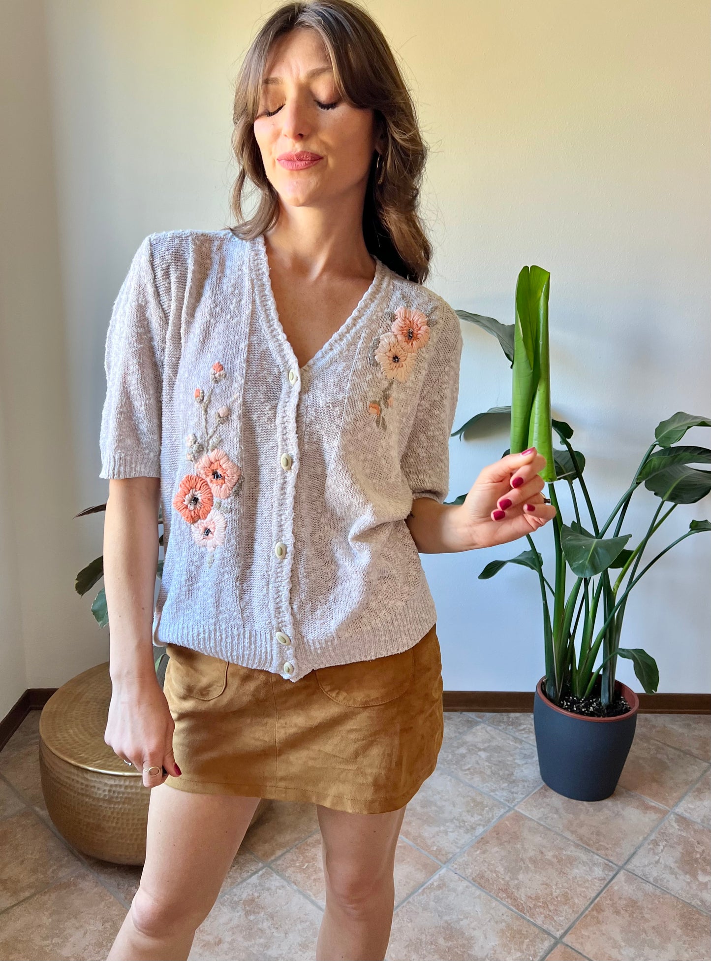 1970's vintage oatmeal knit cardigan top with peach floral embroidery with glass bead details