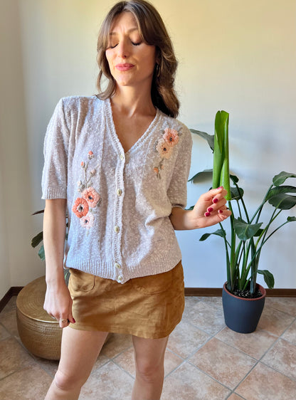 1970's vintage oatmeal knit cardigan top with peach floral embroidery with glass bead details