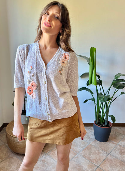 1970's vintage oatmeal knit cardigan top with peach floral embroidery with glass bead details