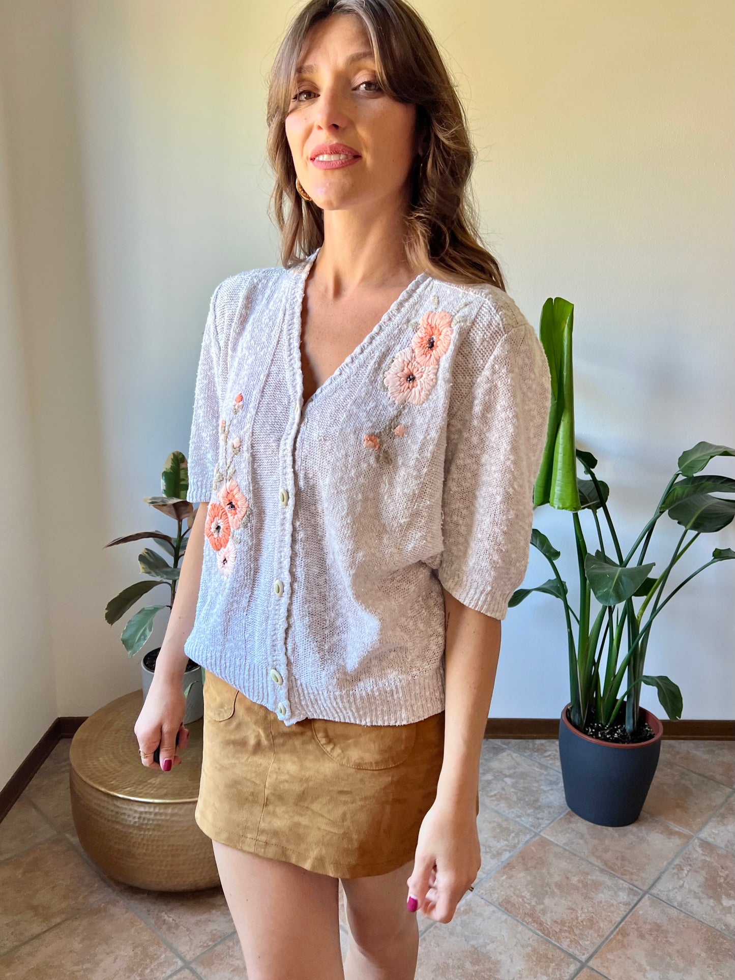 1970's vintage oatmeal knit cardigan top with peach floral embroidery with glass bead details