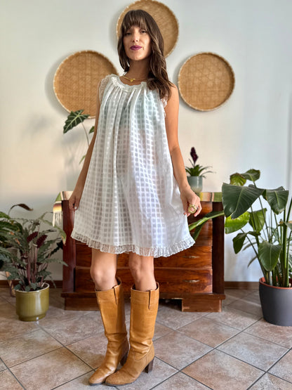 1970's vintage semi sheer cream plaid mini slip dress with lace ruffle and trim
