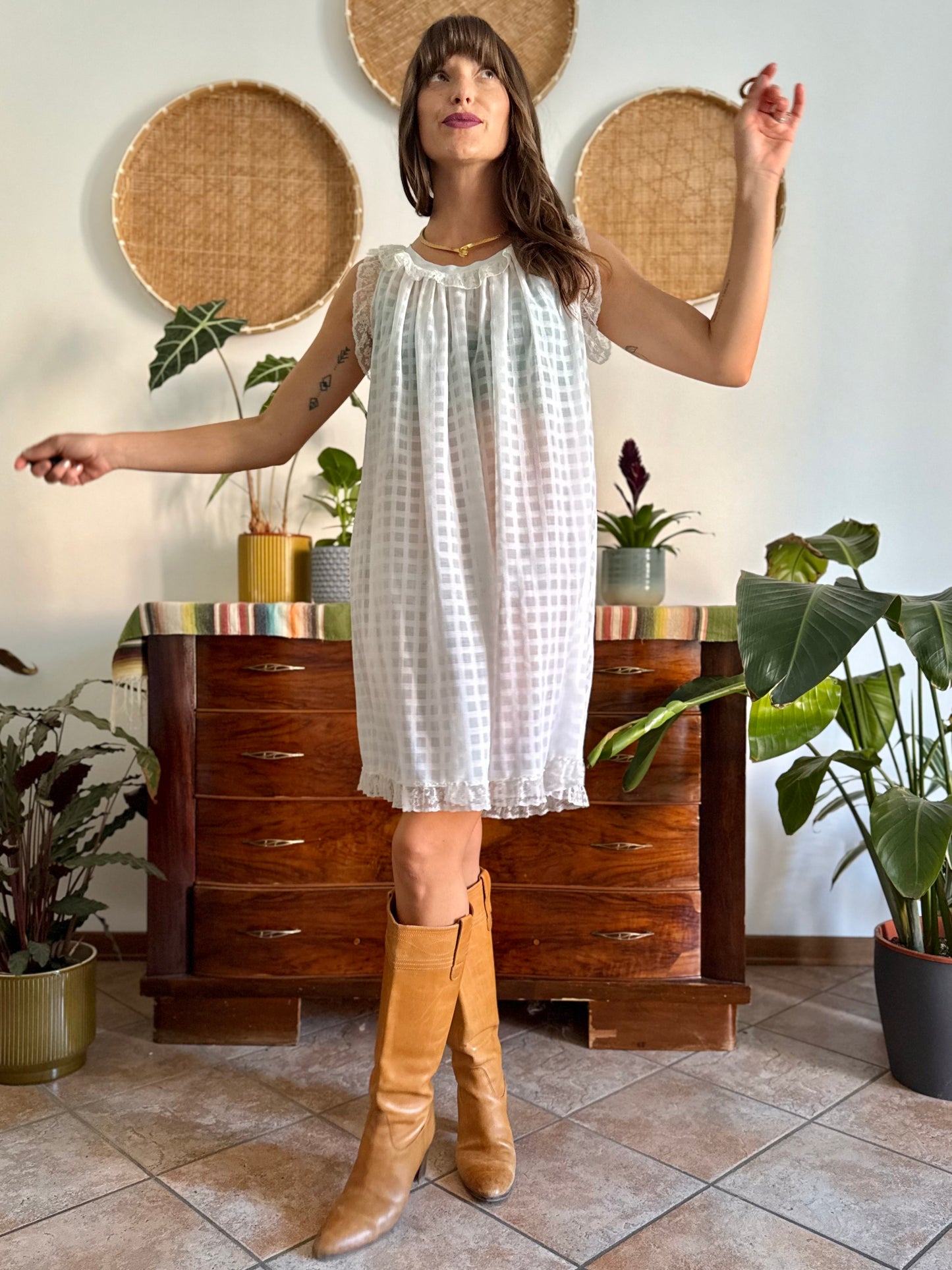 1970's vintage semi sheer cream plaid mini slip dress with lace ruffle and trim