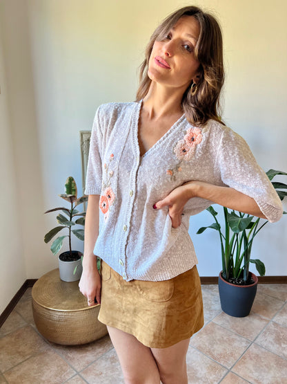 1970's vintage oatmeal knit cardigan top with peach floral embroidery with glass bead details