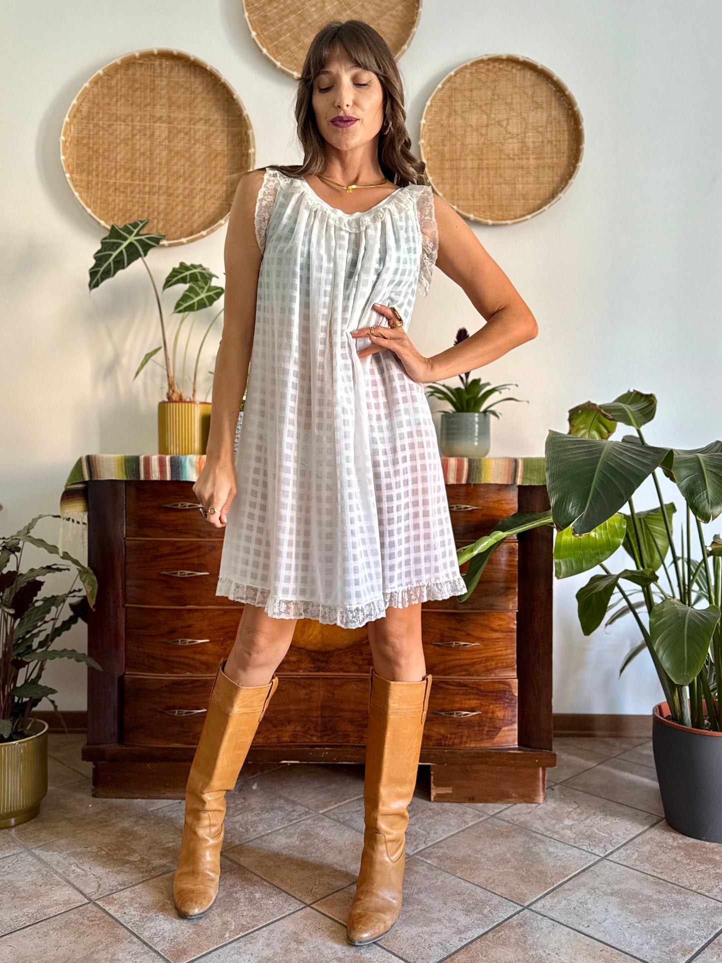 1970's vintage semi sheer cream plaid mini slip dress with lace ruffle and trim