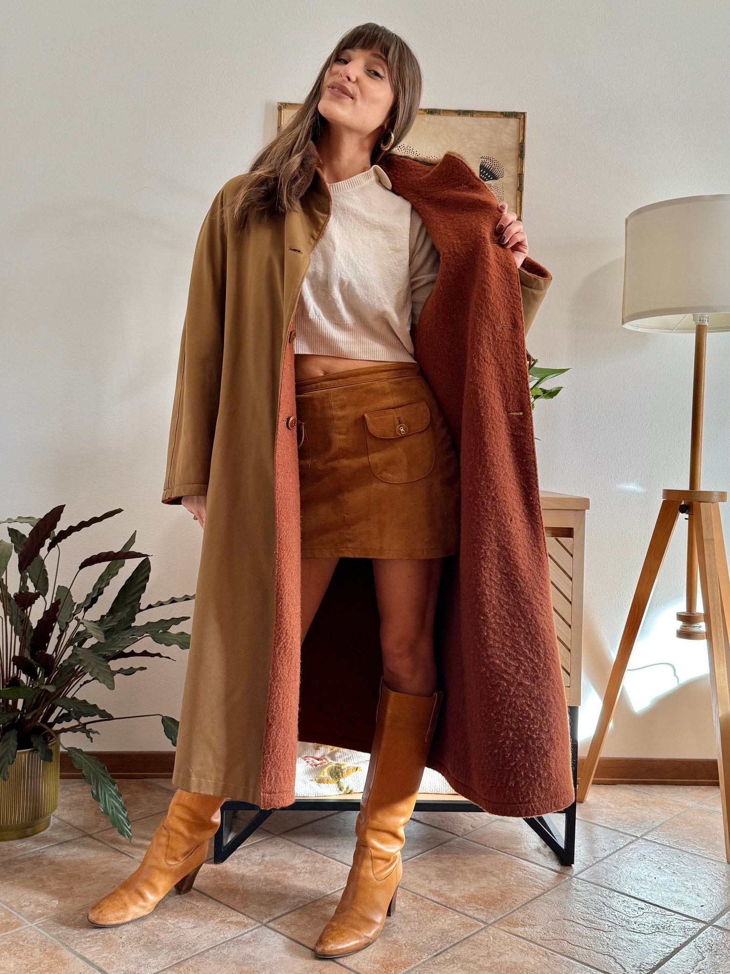 1970's vintage beige and dark orange reversable wool overcoat