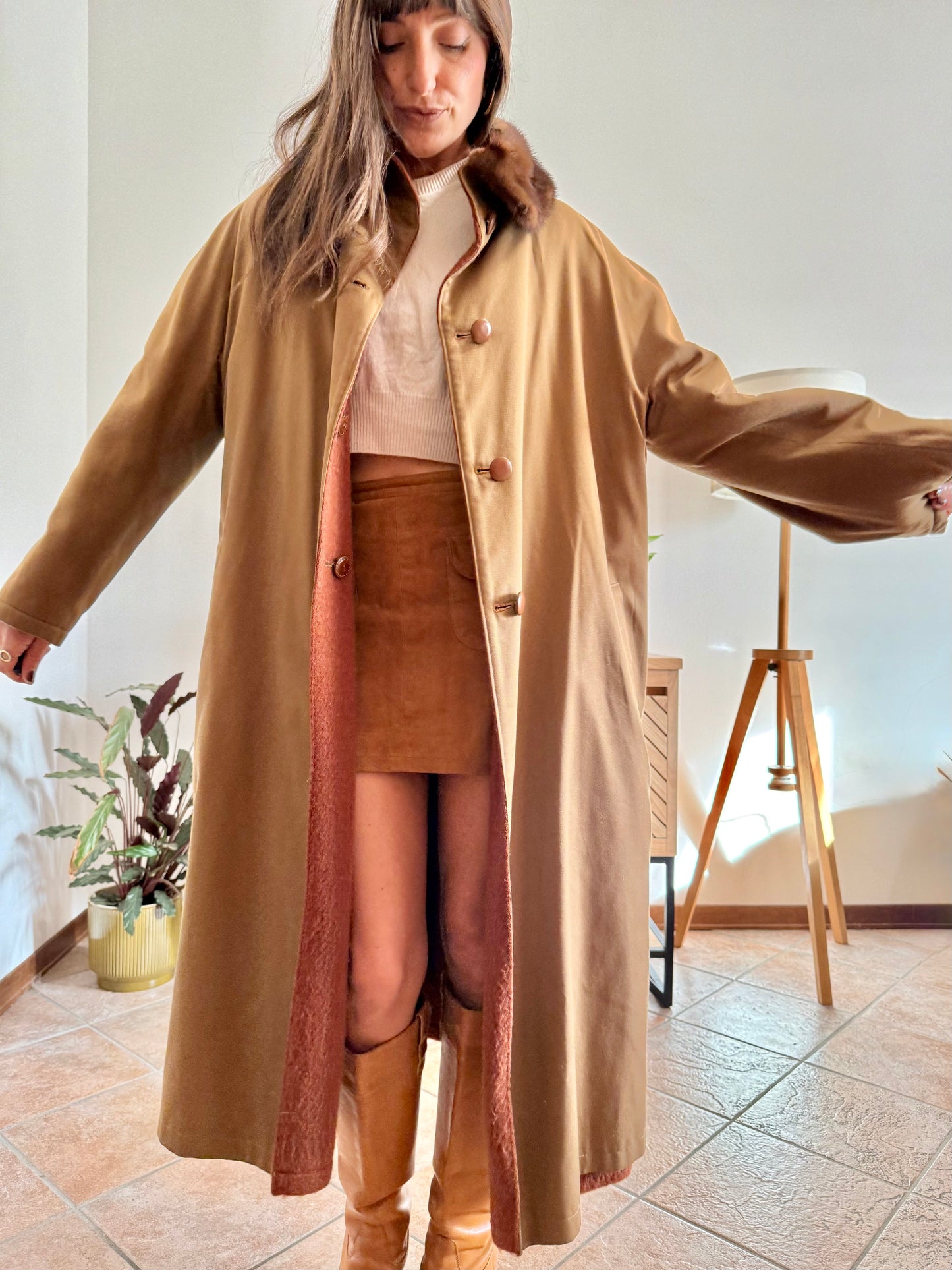 1970's vintage beige and dark orange reversable wool overcoat