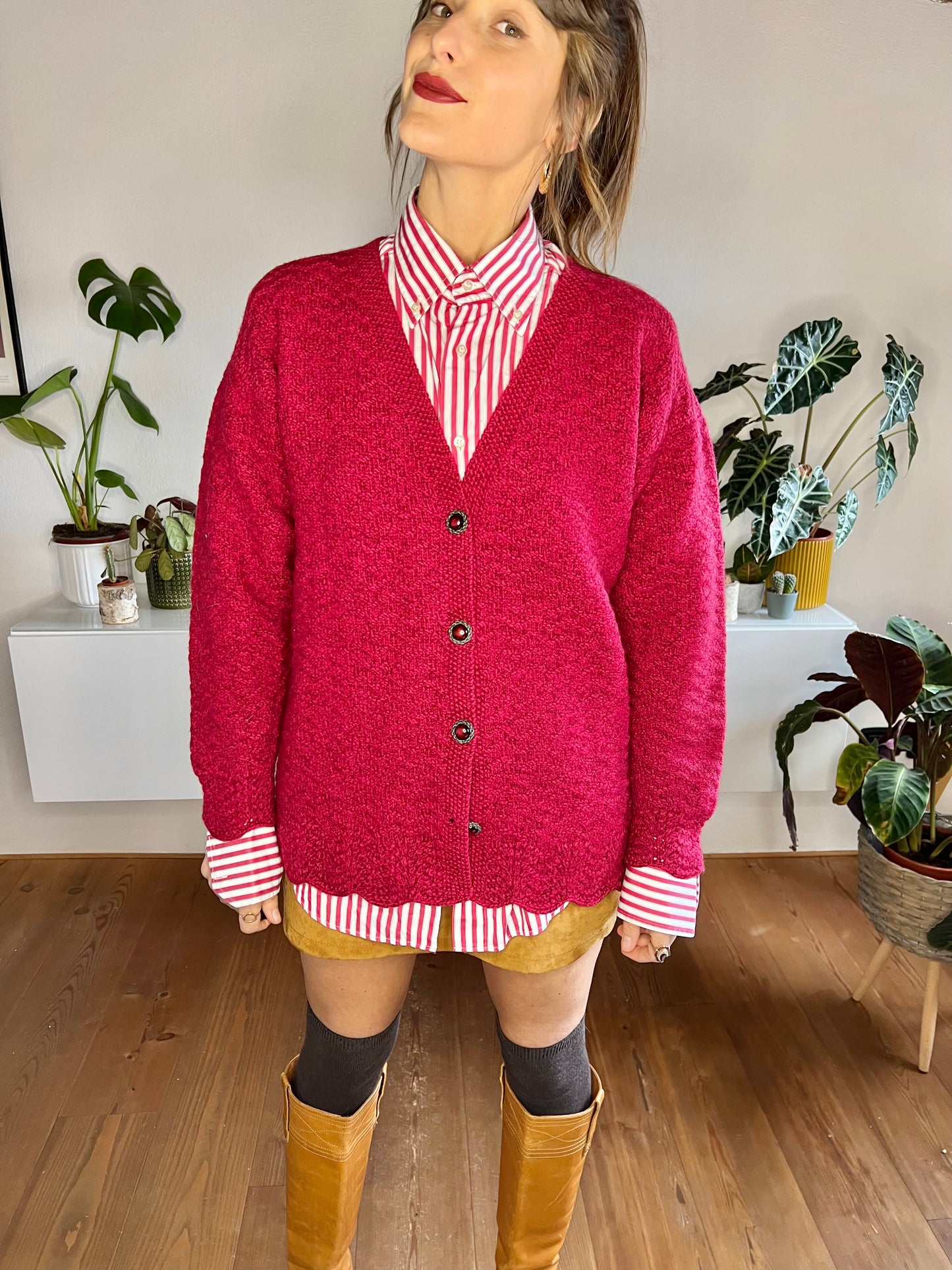 1970's vintage oversize burgundy hand knit wool cardigan