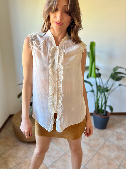 1990's vintage sheer silk cream blouse with ruffle details along from and shoulders