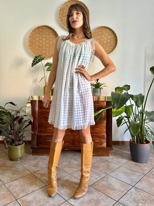 1970's vintage semi sheer cream plaid mini slip dress with lace ruffle and trim