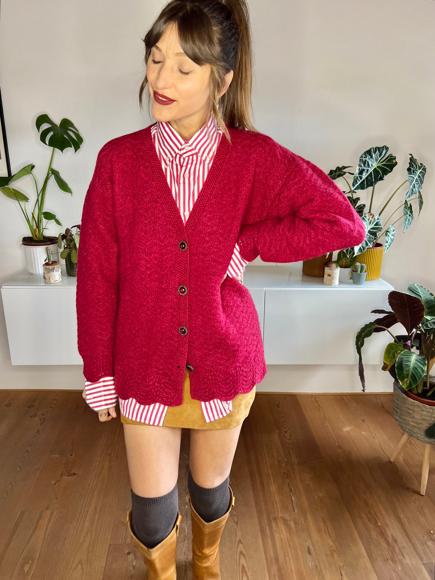 1970's vintage oversize burgundy hand knit wool cardigan