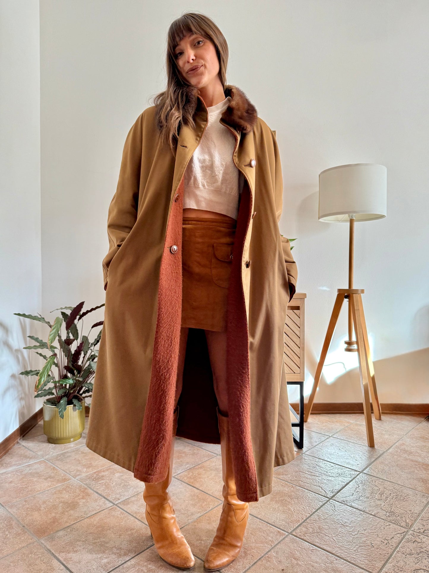 1970's vintage beige and dark orange reversable wool overcoat