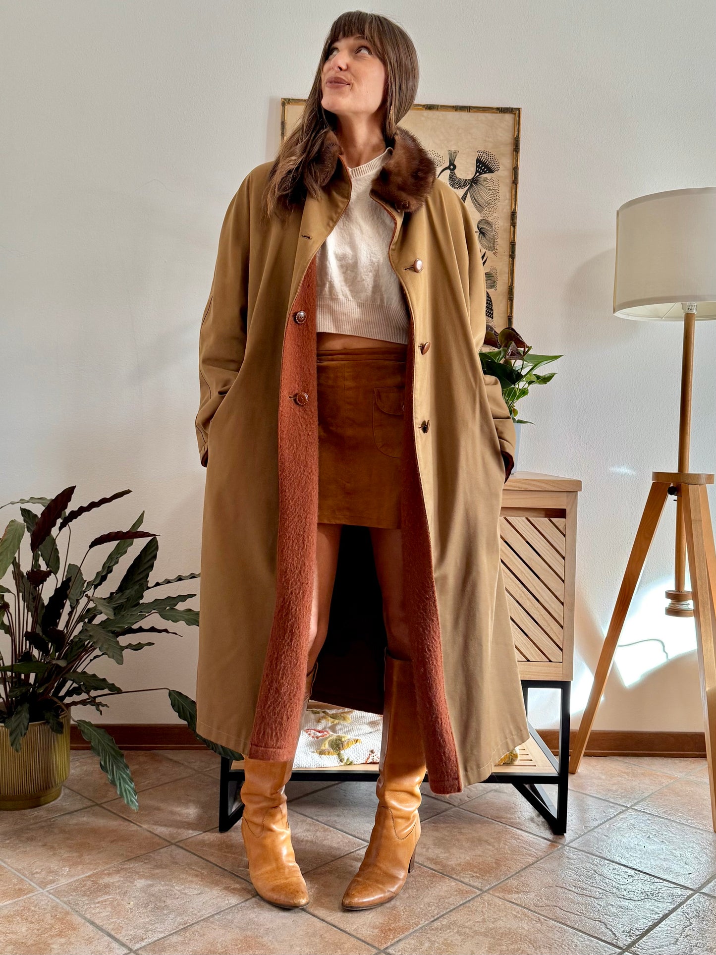 1970's vintage beige and dark orange reversable wool overcoat