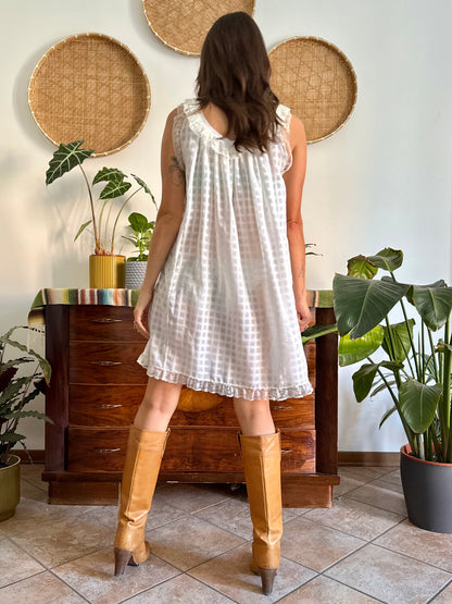 1970's vintage semi sheer cream plaid mini slip dress with lace ruffle and trim