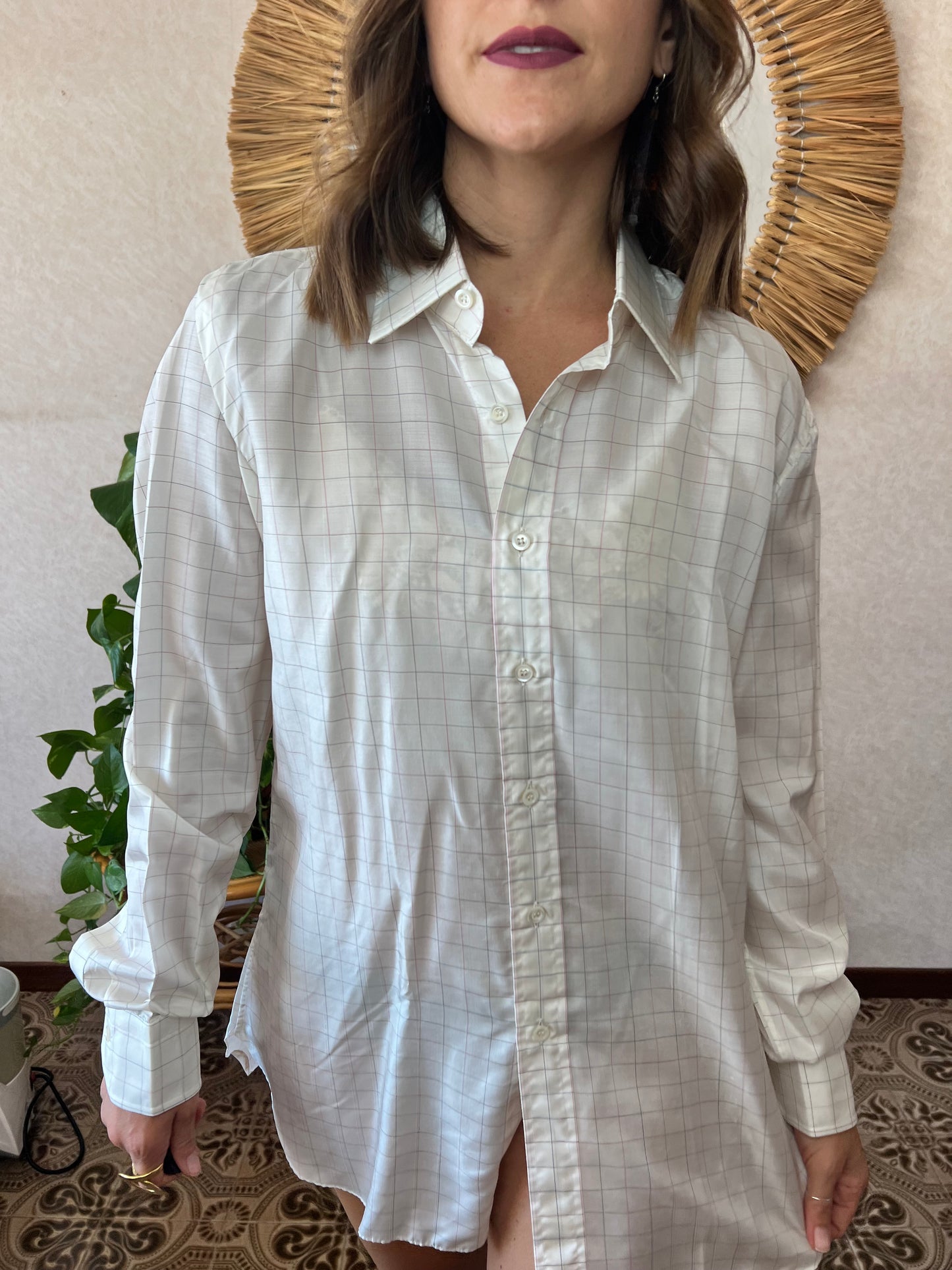 1970's vintage oversize unisex plaid silk blouse