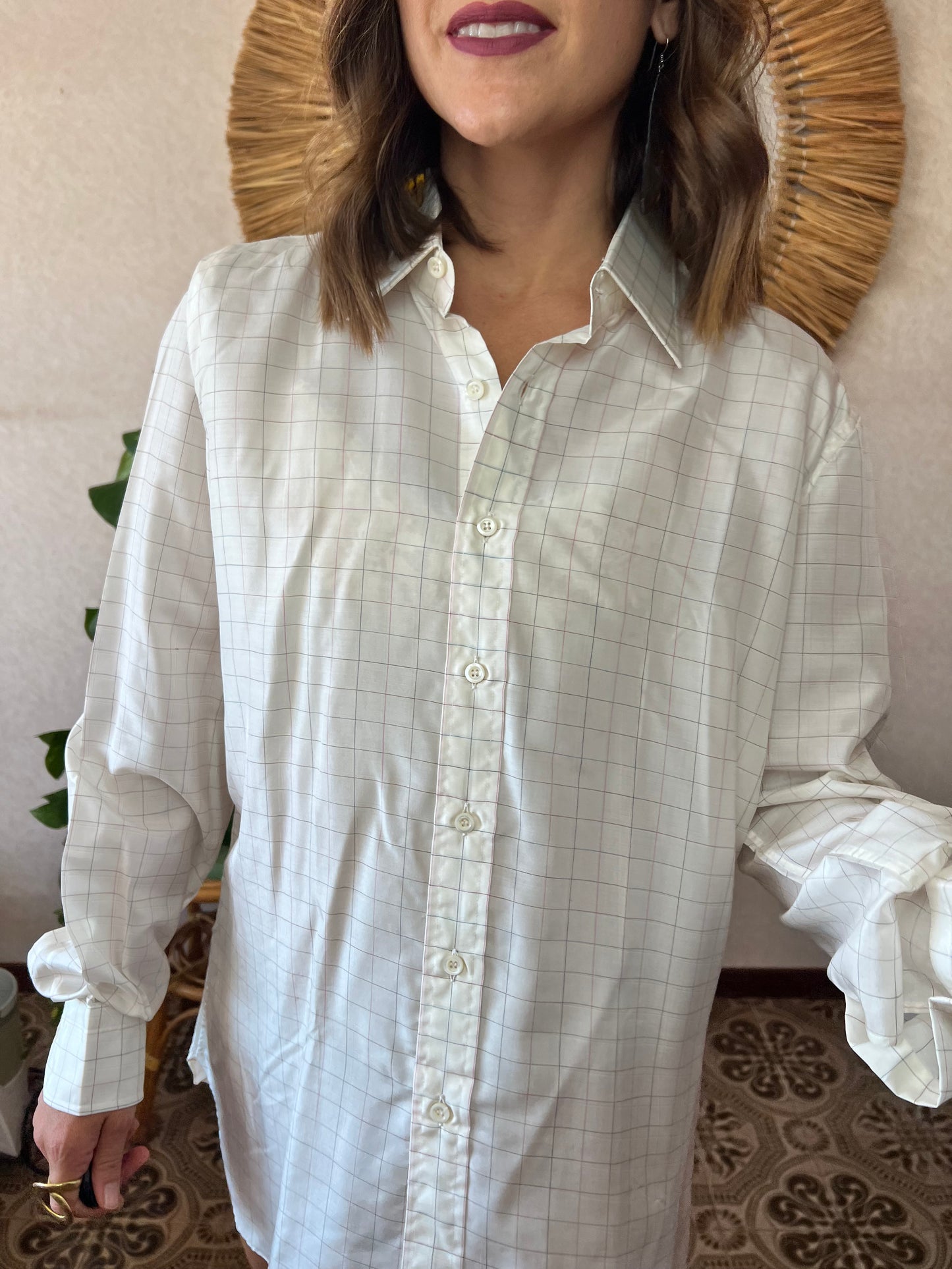 1970's vintage oversize unisex plaid silk blouse