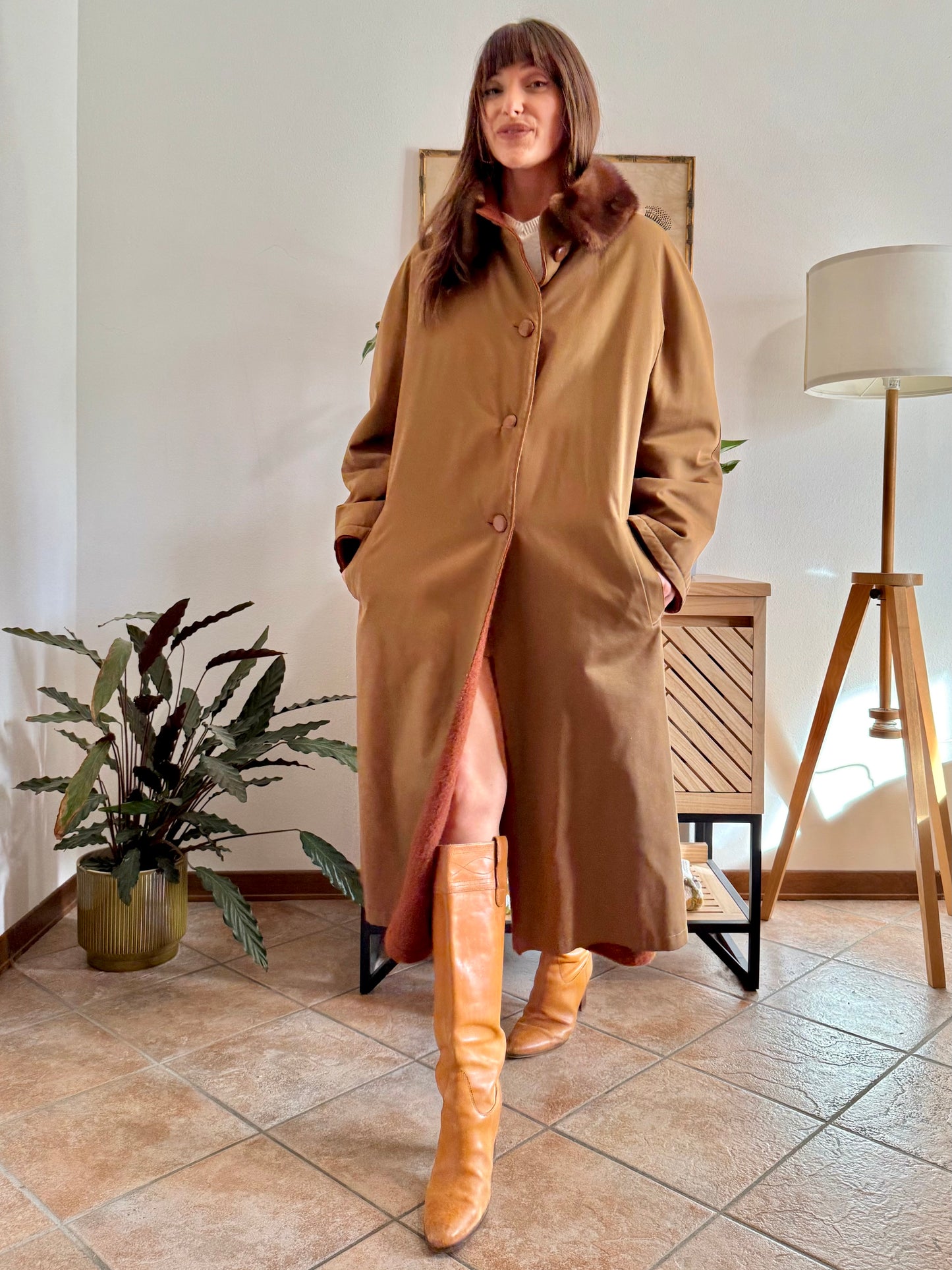 1970's vintage beige and dark orange reversable wool overcoat