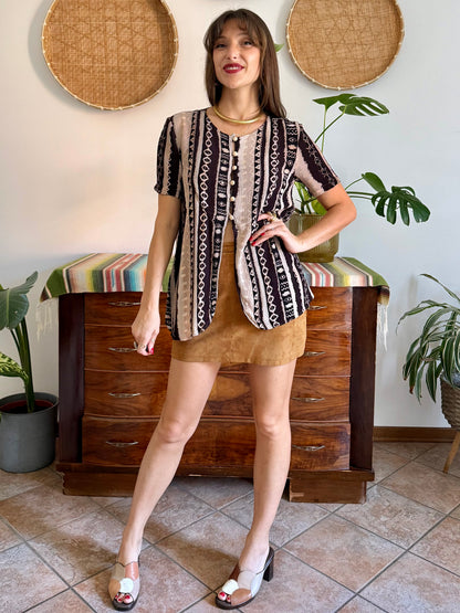 1990's vintage black, cream at tan geometric print blouse