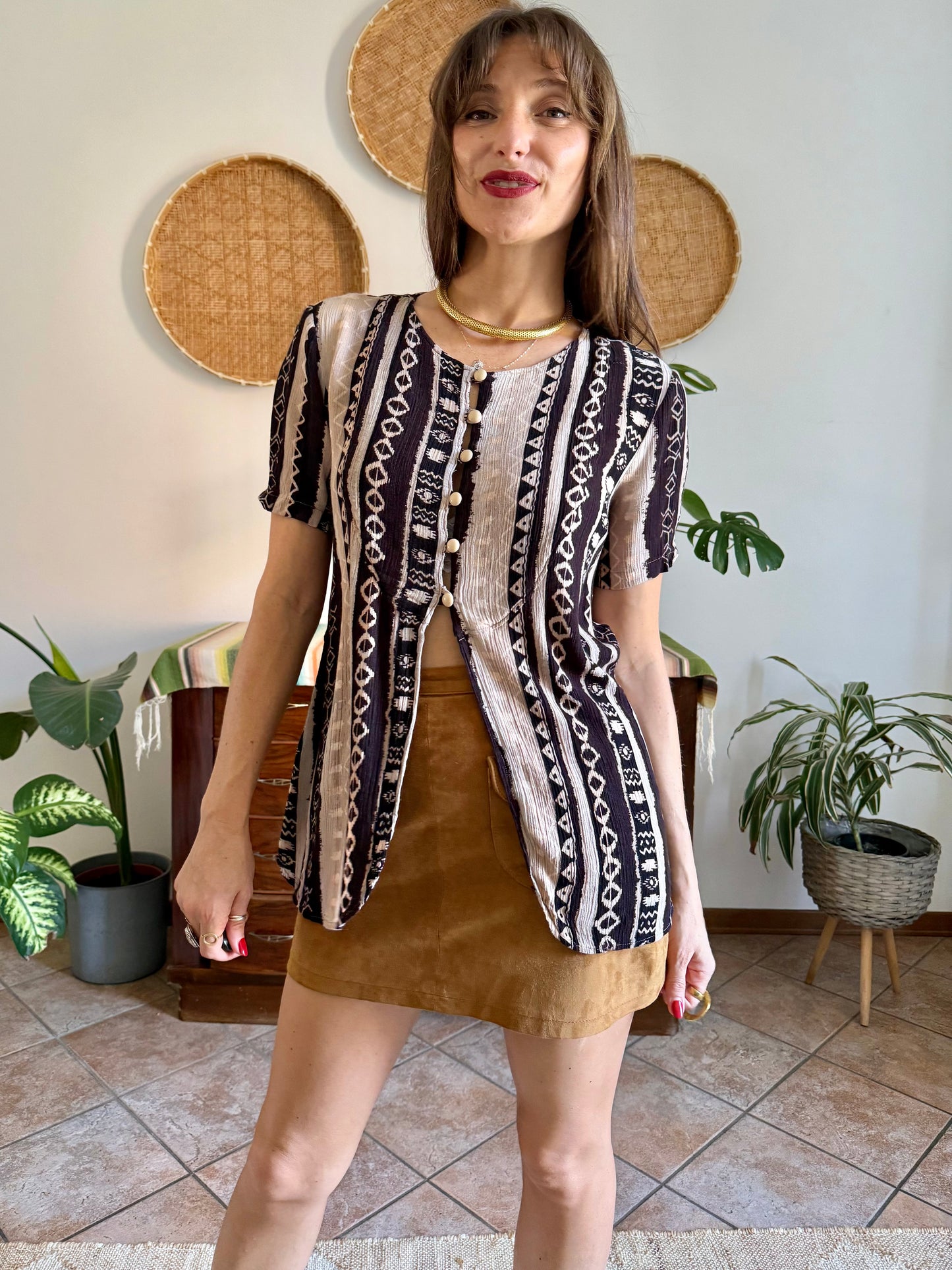 1990's vintage black, cream at tan geometric print blouse