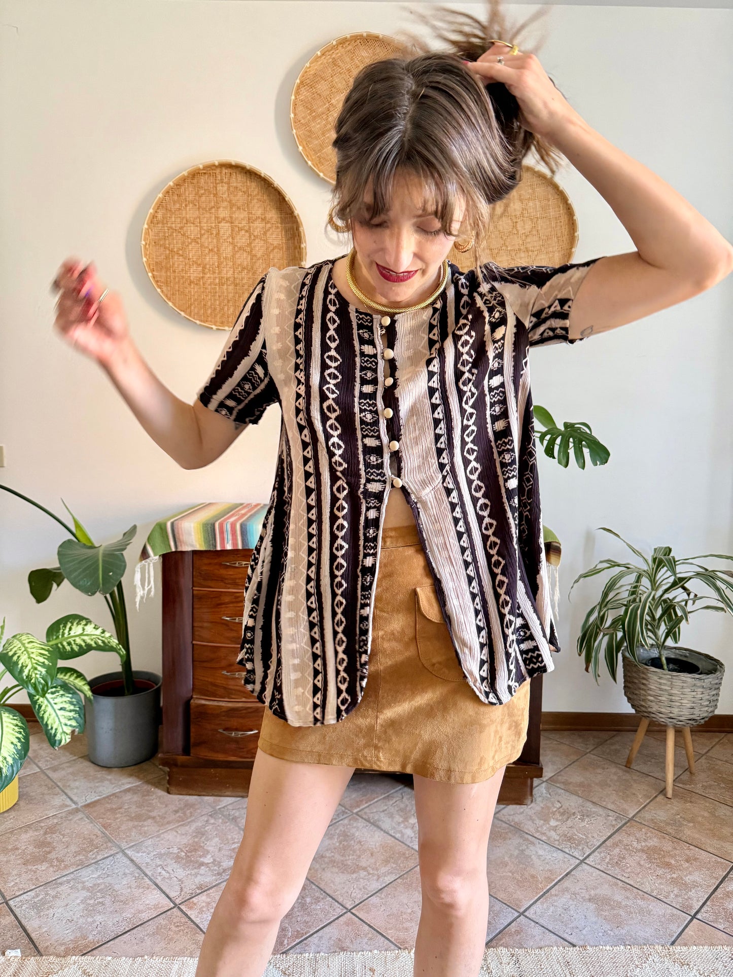 1990's vintage black, cream at tan geometric print blouse