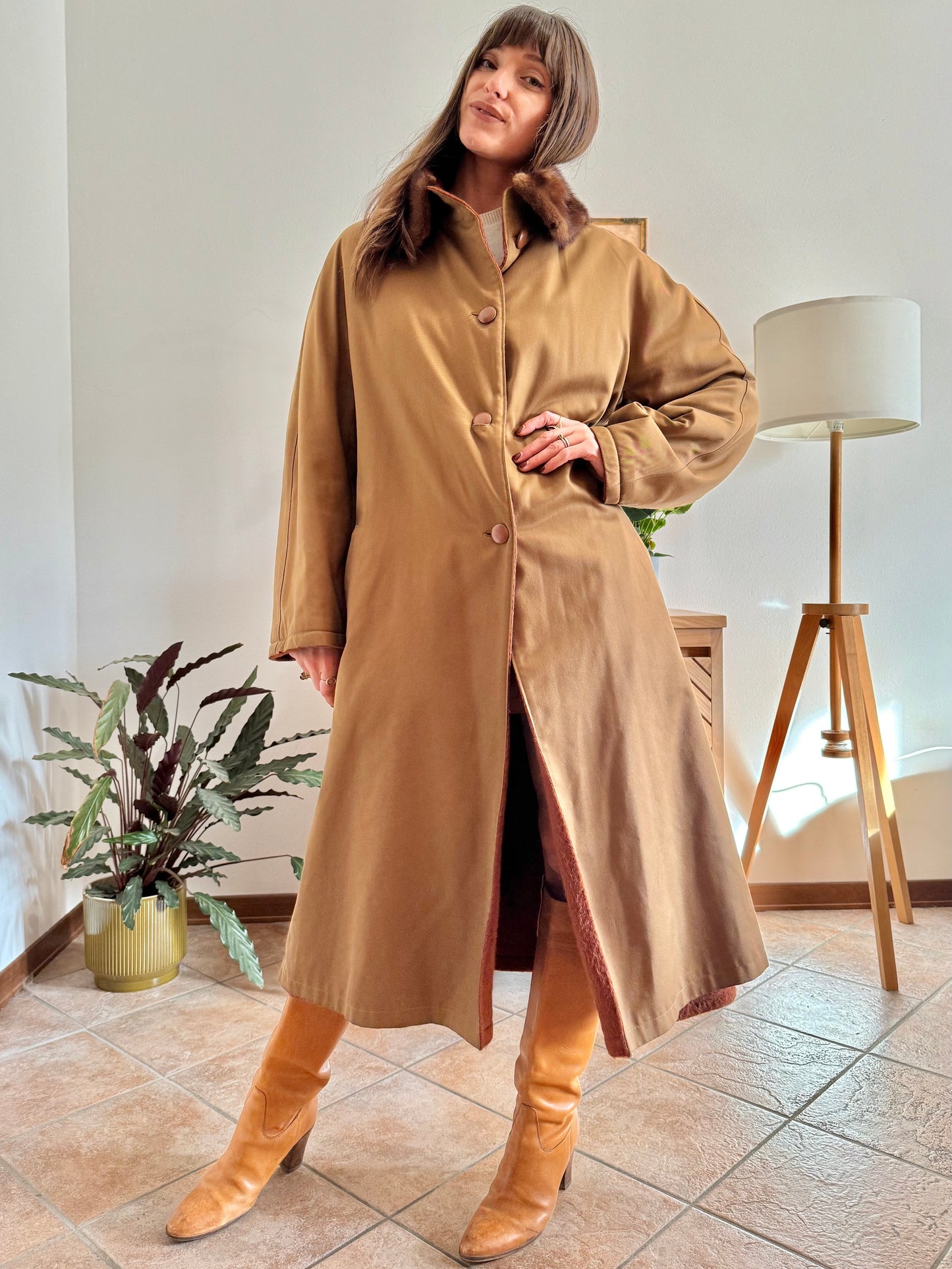 1970's vintage beige and dark orange reversable wool overcoat