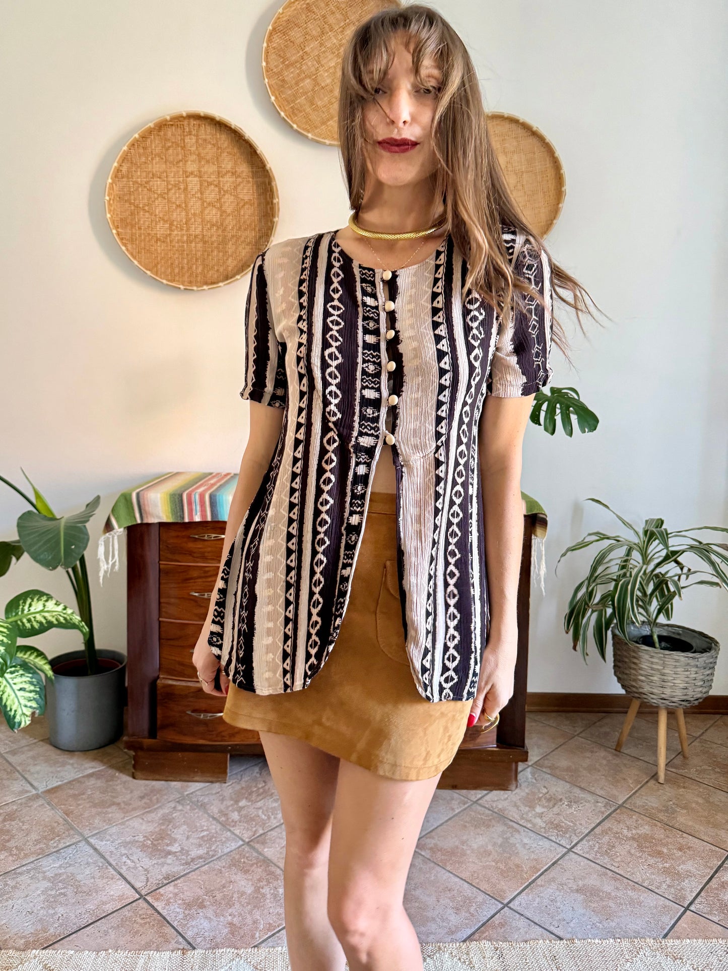 1990's vintage black, cream at tan geometric print blouse
