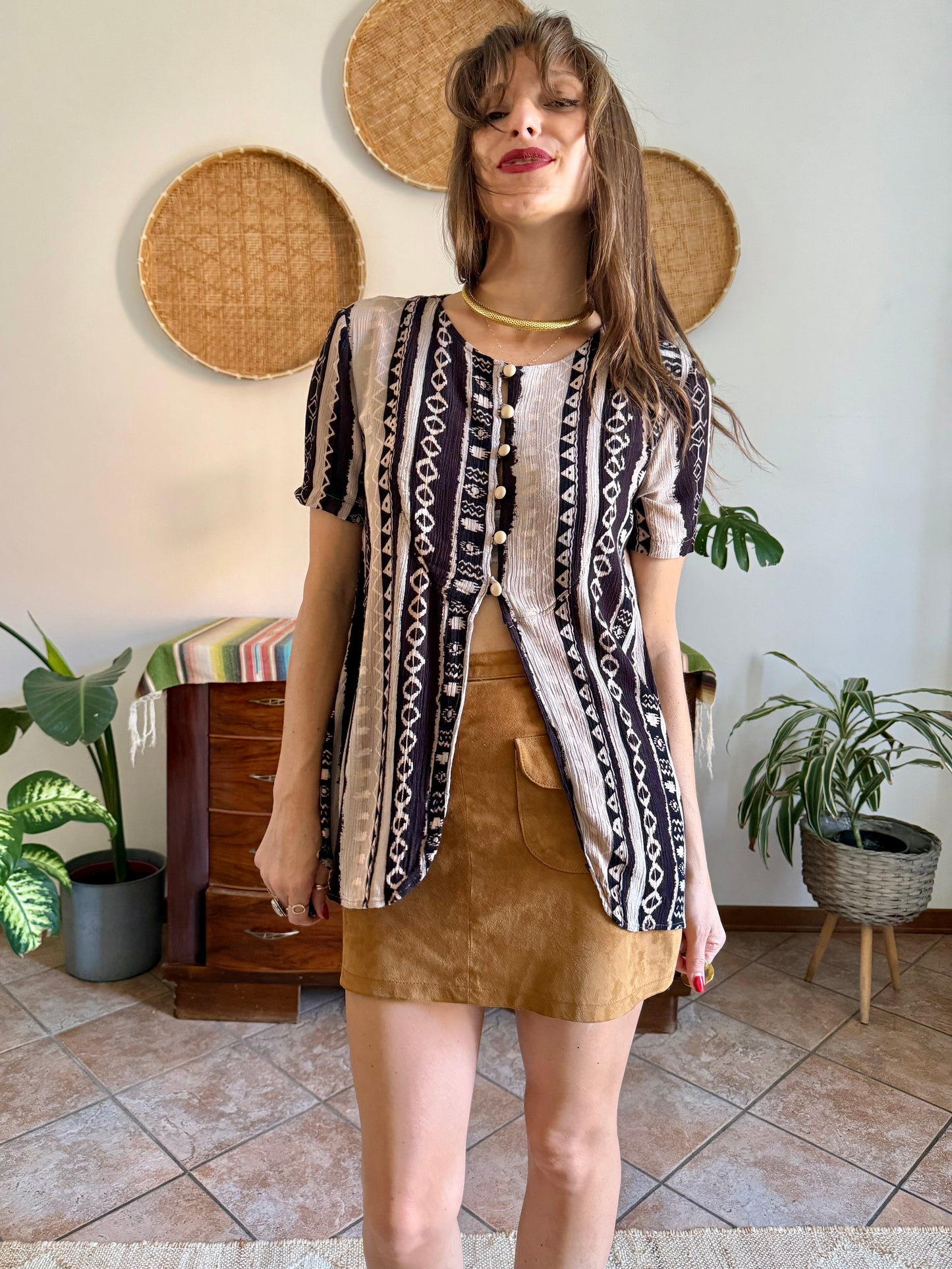 1990's vintage black, cream at tan geometric print blouse