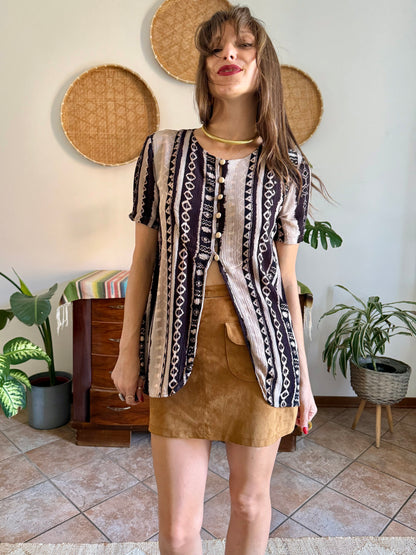 1990's vintage black, cream at tan geometric print blouse