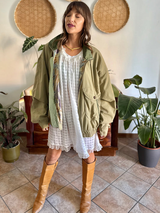 1980's vintage khaki utility bomber jacket with multicolor abstract print lining