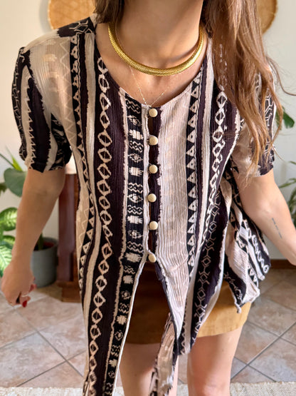 1990's vintage black, cream at tan geometric print blouse