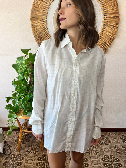 1970's vintage oversize unisex plaid silk blouse