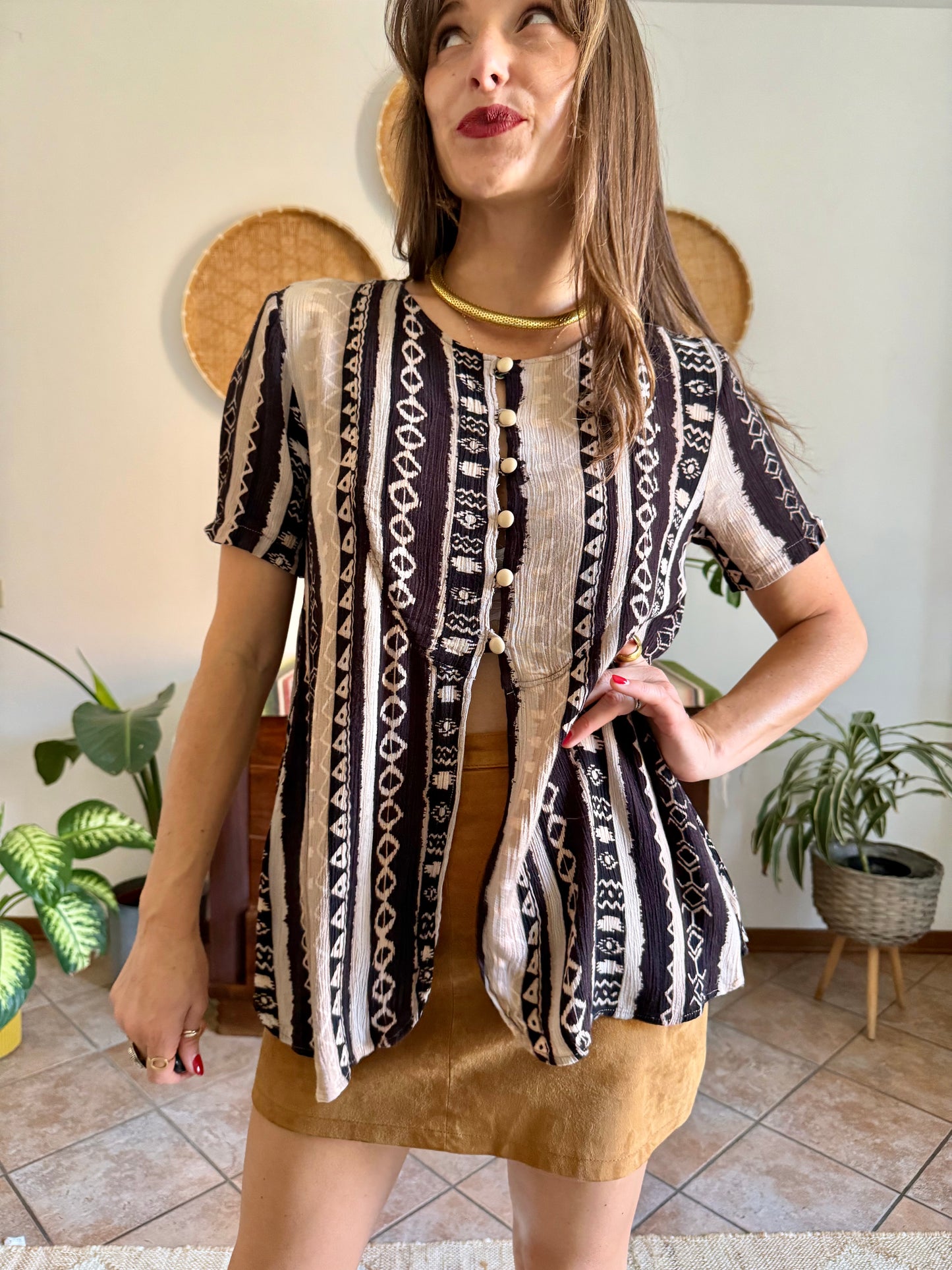 1990's vintage black, cream at tan geometric print blouse