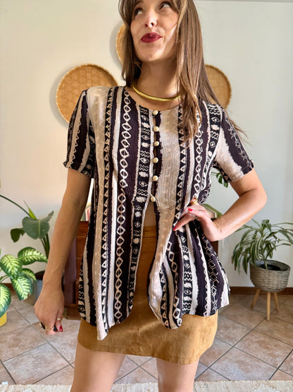 1990's vintage black, cream at tan geometric print blouse