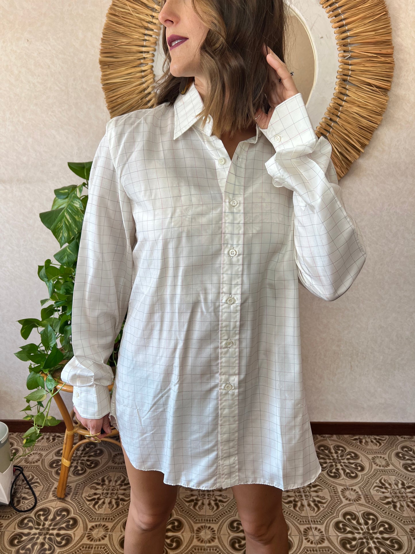 1970's vintage oversize unisex plaid silk blouse