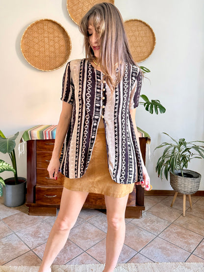 1990's vintage black, cream at tan geometric print blouse