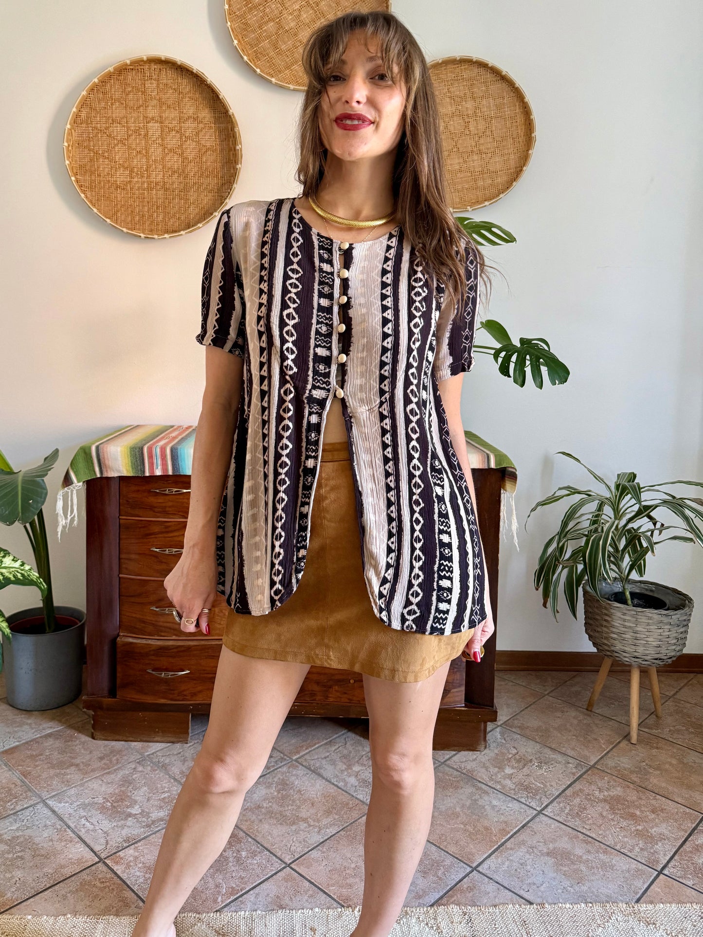 1990's vintage black, cream at tan geometric print blouse