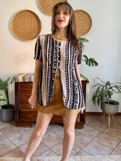 1990's vintage black, cream at tan geometric print blouse