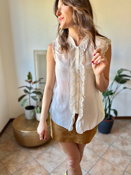 1990's vintage sheer silk cream blouse with ruffle details along from and shoulders